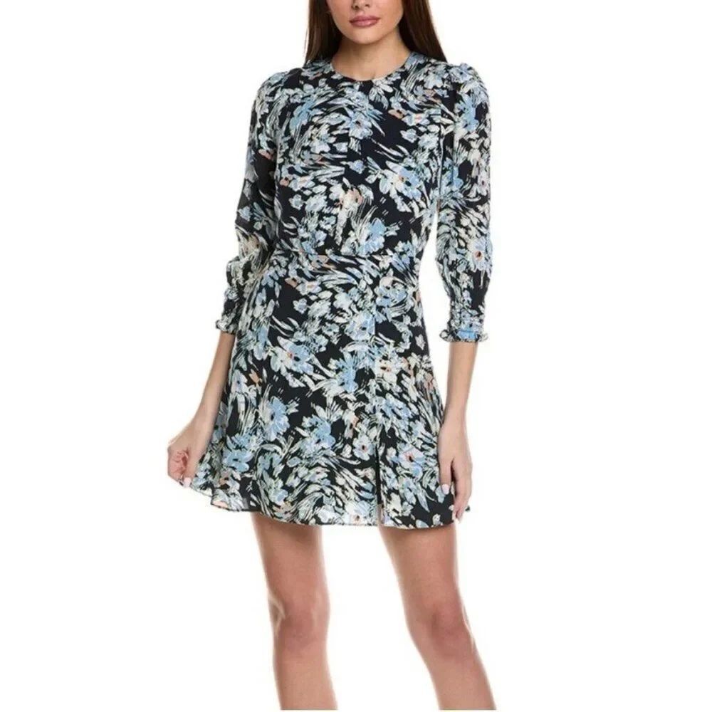 Reiss Annie Floral Blue White Crew Neck 3/4 Sleeve Mini Dress 2 Xs